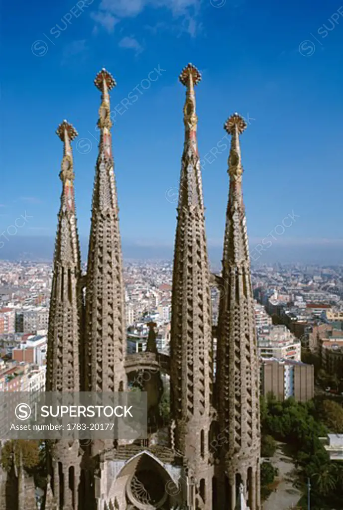 The first towers of construction at Temple of La Sagrada Familia, The Temple of La Sagrada Familia was designed by the famous architect Antonio Gaudi.  Barcelona, Spain