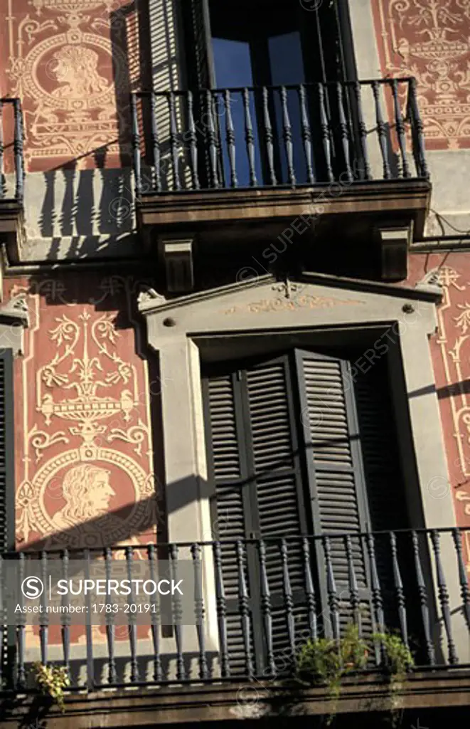 Windows and balconies of modernist building, Close Up, Barcelona, Spain