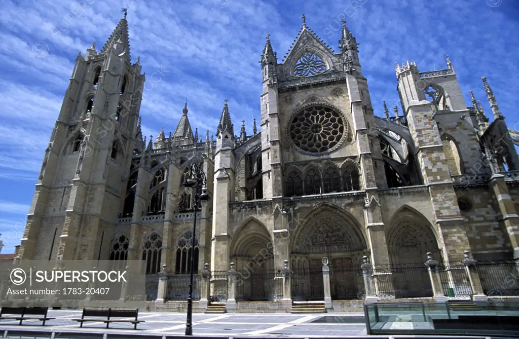 South facade of Leon White Gothic Cathedral, Leon, Spain