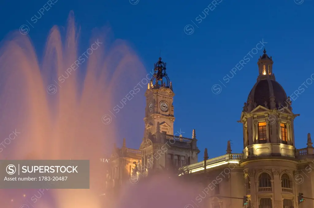 City hall and fountain in Plaza del Ayuntamiento, Close Up , Valencia, Spain