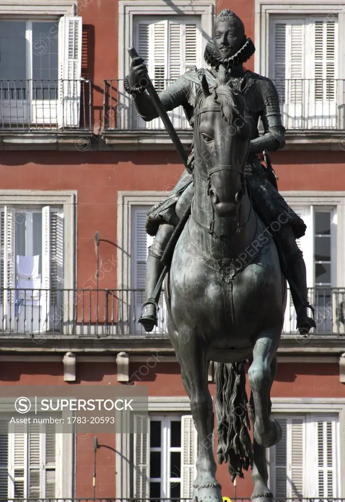 Equestrian statue of King Philip III in Plaza Mayo, Madrid, Spain.