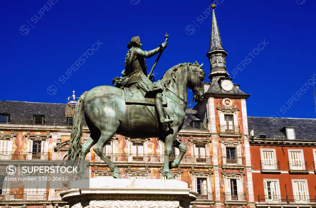 Statue of King Felipe III at Plaza Mayor, Madrid, Spain.