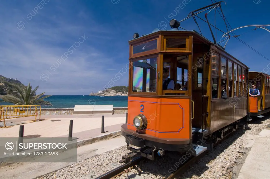 Old tram running between Soller and Puerto de Soller, Majorca, Ballearic Islands, Spain.