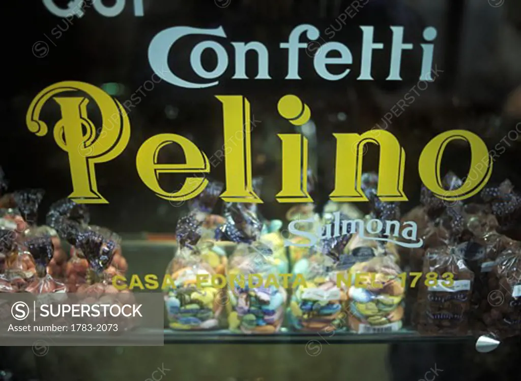 Candy in window, Confetti, Pelino, Silmona, Abruzzo, Italy. 