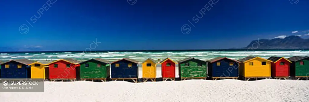 Row of beach houses on beach, Muizenberg, Capetown, South Africa.