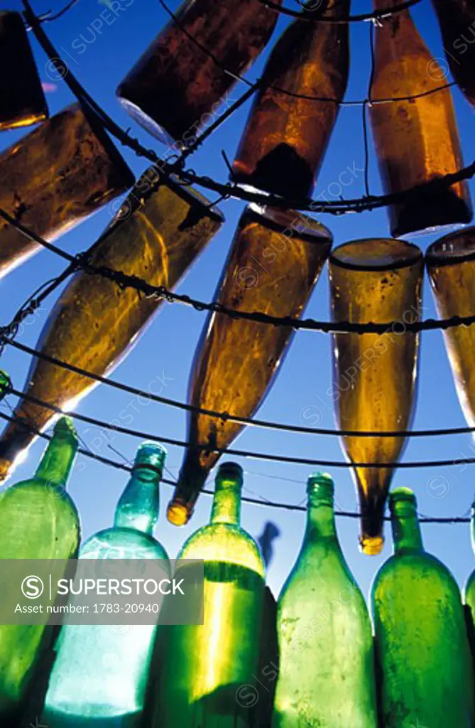 Detail of coloured bottles , Nien-Bethesda, South Africa .