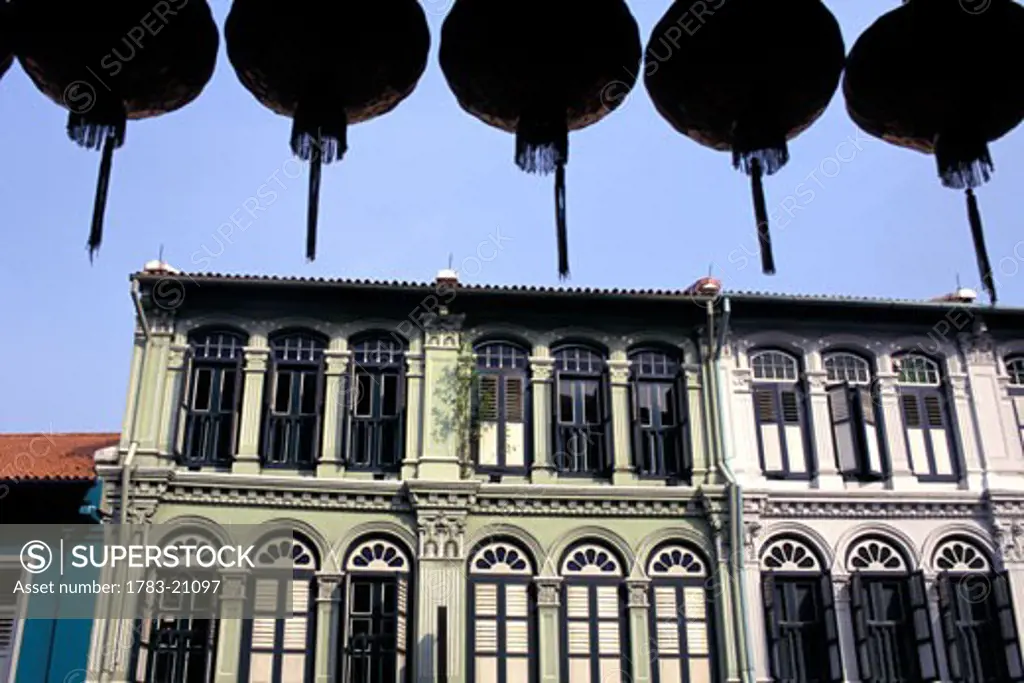 Houses in Chinatown with hanging lanterns, Singapore