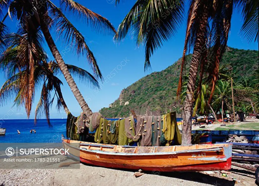 Fishing boats and nets on Soufriere Beach, Soufriere Beach, St Lucia