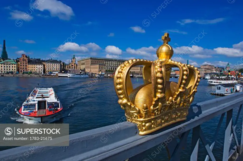 Golden Crown on Skeppsholmsbron Bridge. , Skeppsholmen, Stockholm, Sweden.