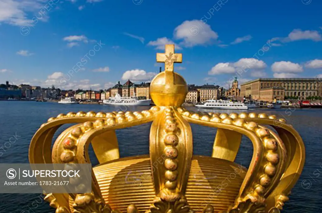 Golden Crown on Skeppsholmsbron Bridge. , Skeppsholmen, Stockholm, Sweden.