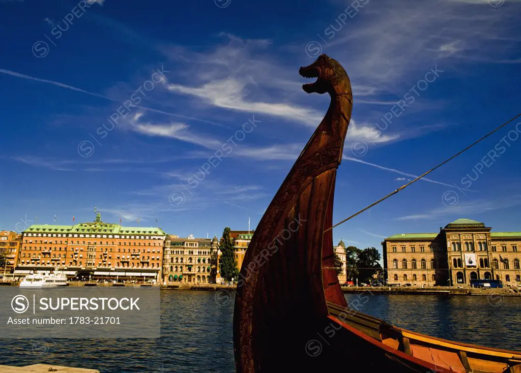 Viking boat and skyline, Stockholm, Sweden.