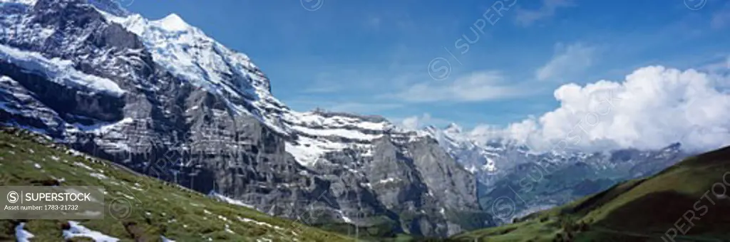 Jungfrau and Lauterbrunnnen Valley near Grindelwand in Bernese Alps, Bernese, Oberland, Switzerland.