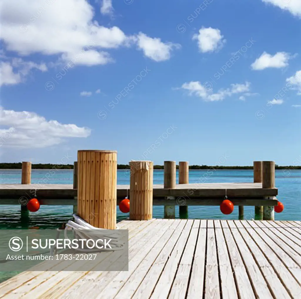 Wooden dock in the ocean, Parrot Cay, Turks and Caicos, West Indies