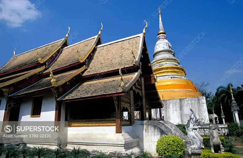 Buddhist temple Phra Singh with Wat Wiharn Lai Kam, Chang Mai, Thailand.