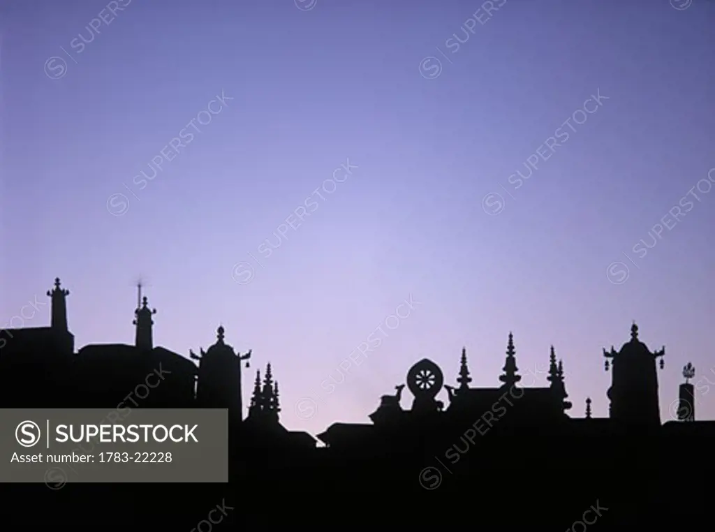 Silhouette of the front of the Jokhang Temple shortly before dawn, Lhasa, Tibet
