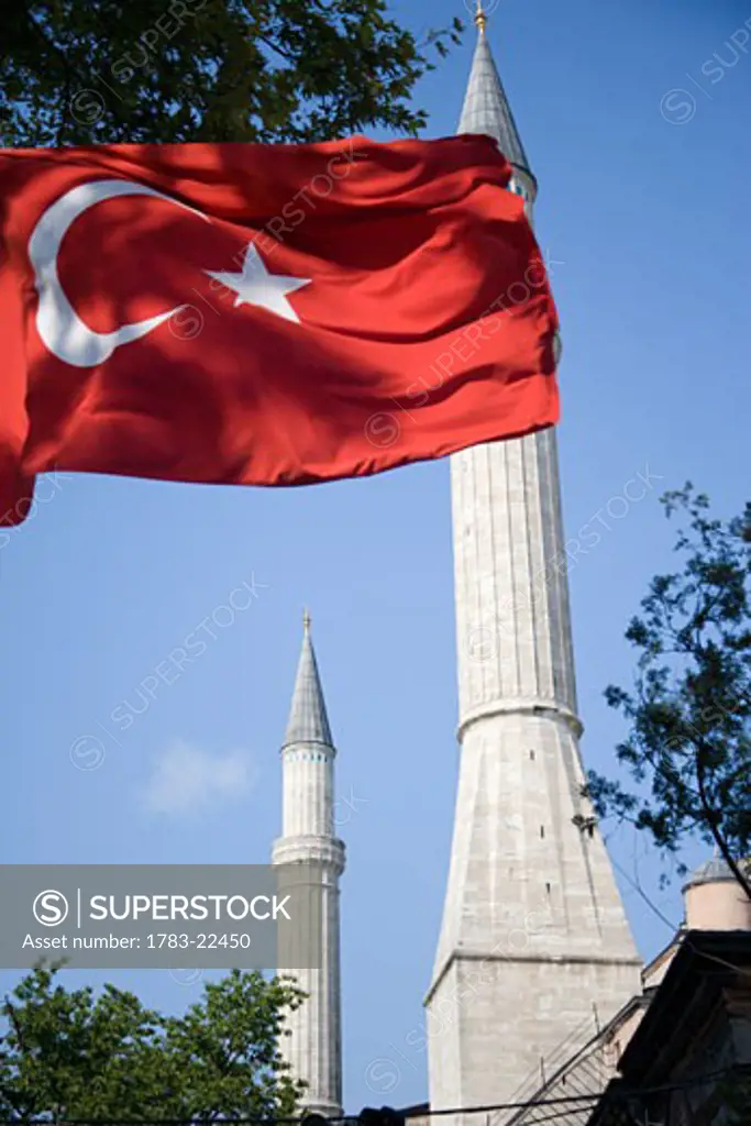 St Sophia Mosque and Turkish Flag, Istanbul, Turkey