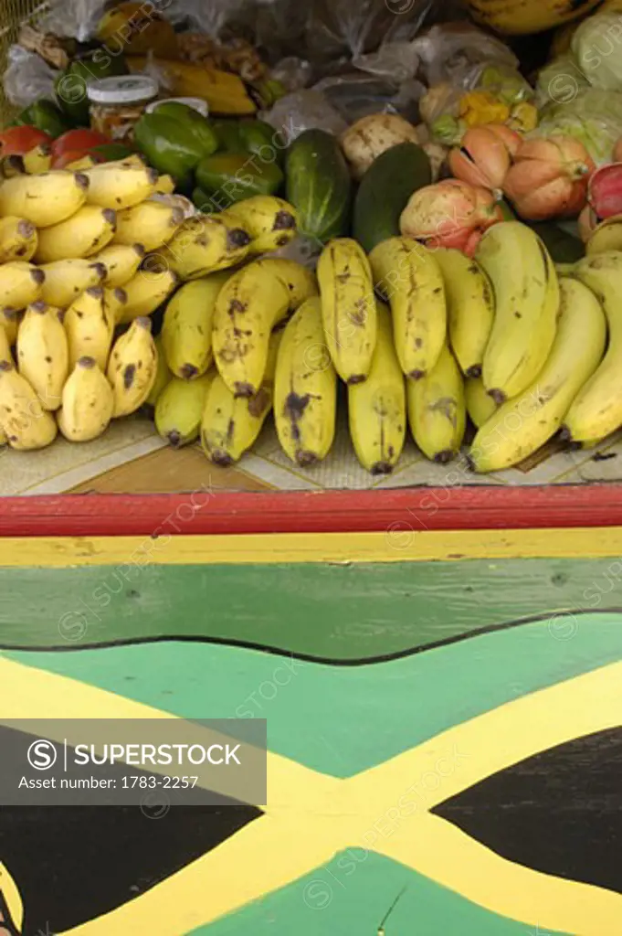 Fruit and veg for sale on colourful stall, Negril, Jamaica. 