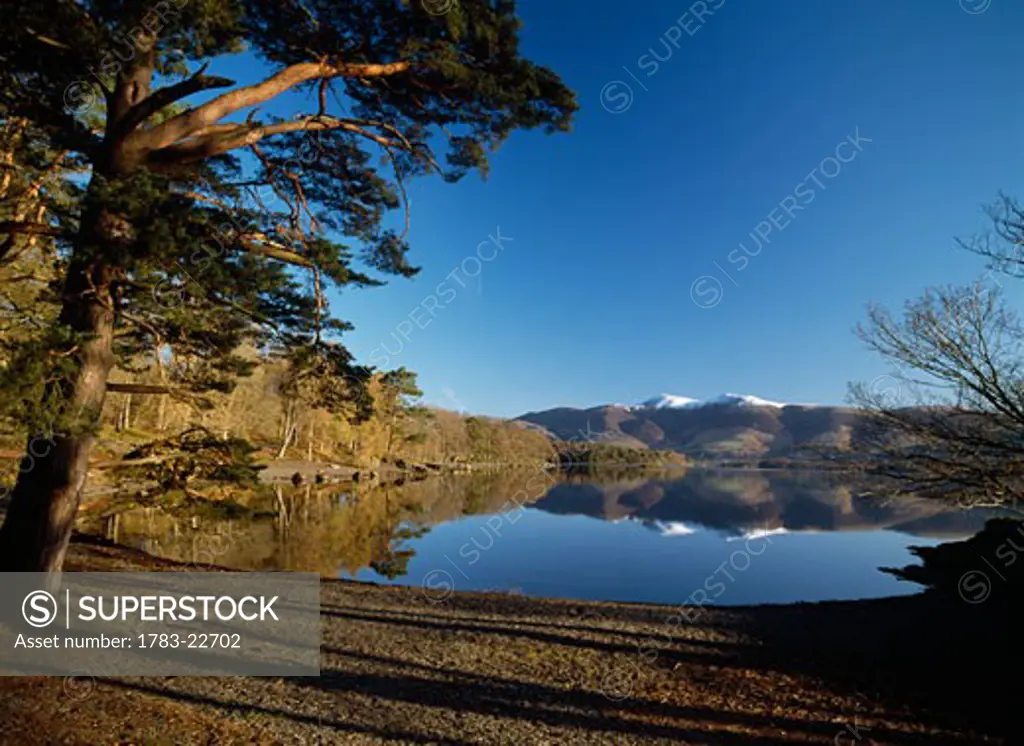 Calm lake at Derwent Water, Lake District, Cumbria, England.