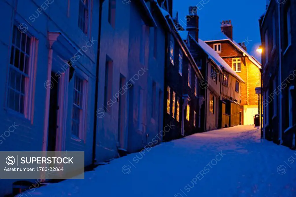 Keere Street in winter before dawn, Lewes, Sussex, England, UK.