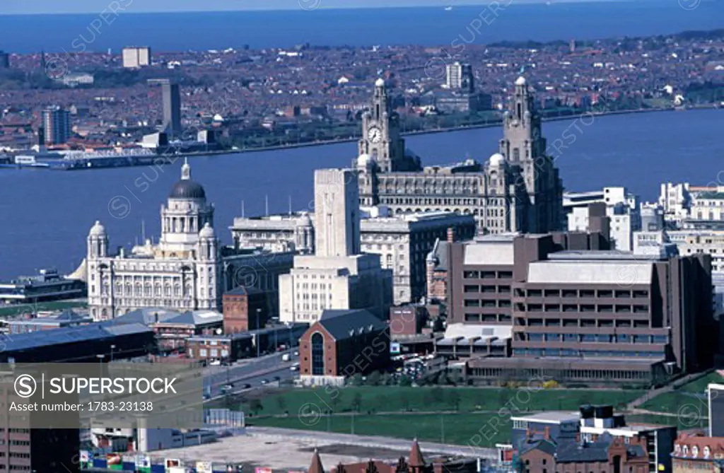 Royal Liver building with clock and Mersey waterfront, Liverpool, England