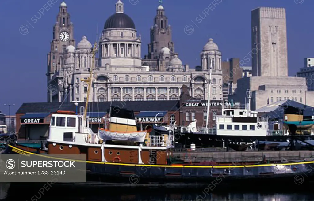 Royal Liver building with clock on Mersey waterfront, Liverpool, England.