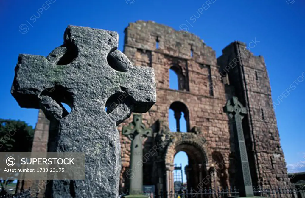 Detail of cross at  Lindisfarne priory , Holy Island, Northumberland, England.