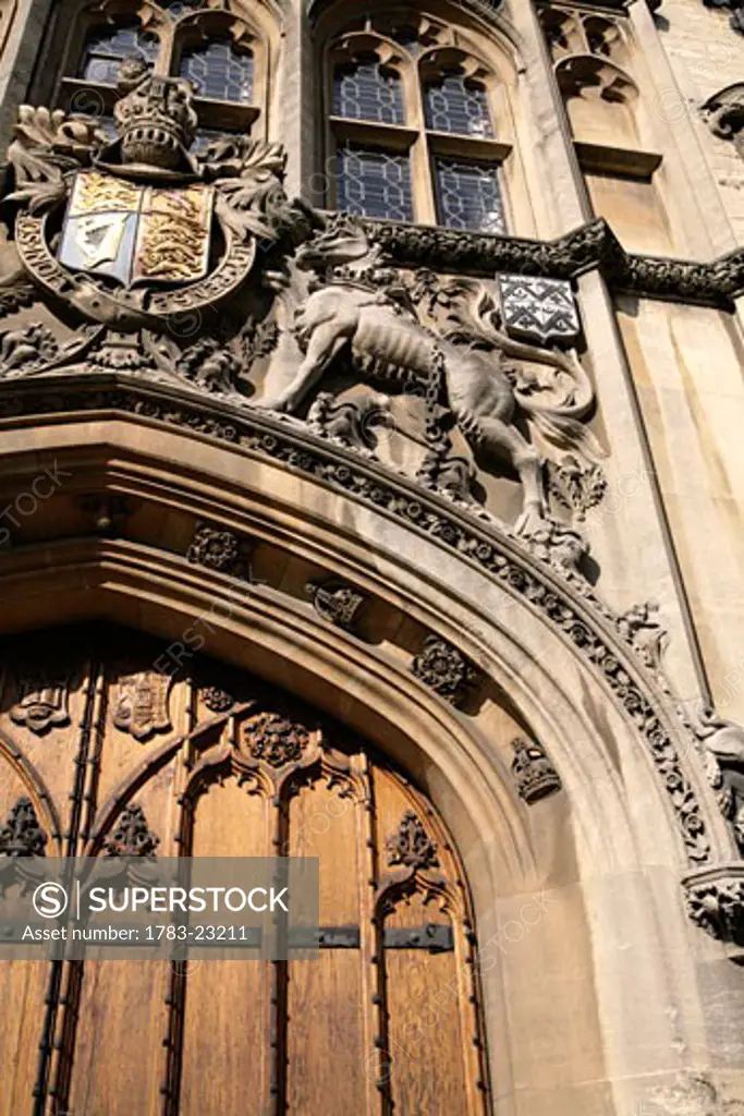 Close-up of bas-relief above entrance to Brasenose College, Oxford, England, UK.
