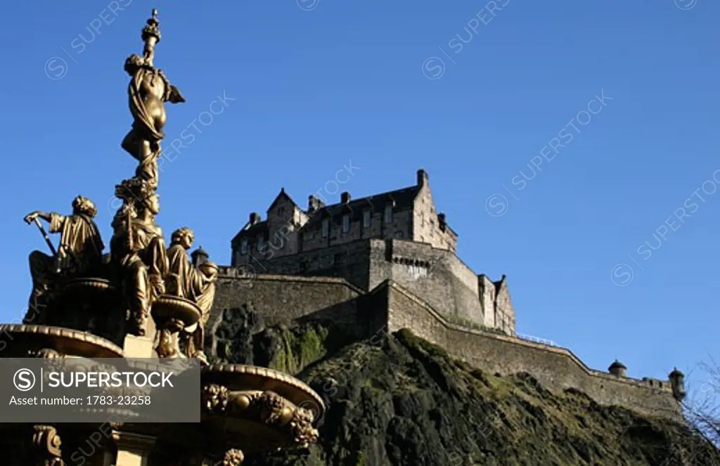 Edinburgh Castle and the Ross Fountain as seen from Princes Street Gardens, Edinburgh, Scotland