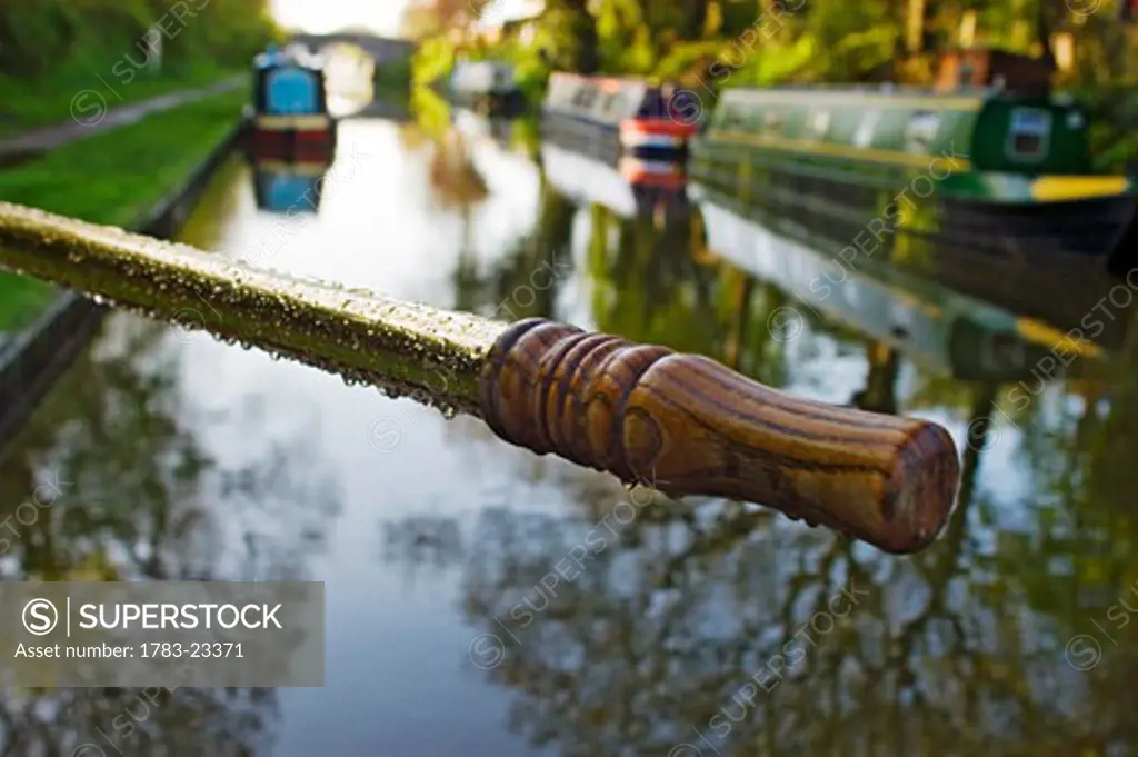 Close up of oar on Shropshire Union Canal.,  North-West Midlands, England, United Kingdom.