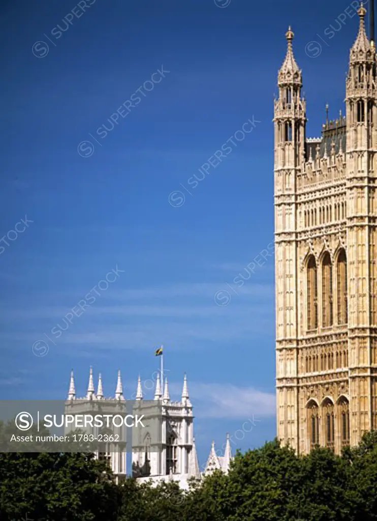 Victoria Tower of the Houses of Parliament and Westminster Abbey. London, UK.