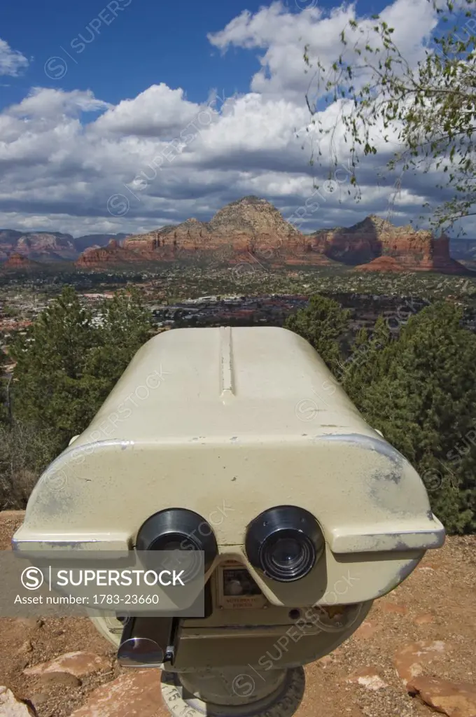 View across Red Rock Country with a tourist viewfinder in the foreground. , Sedona, Arizona, USA.