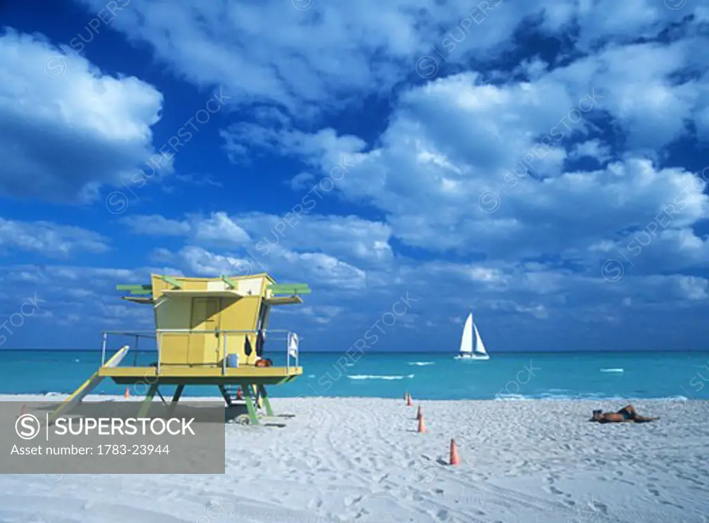 Lifeguard hut on beach, South Beach, Miami, Florida, USA.