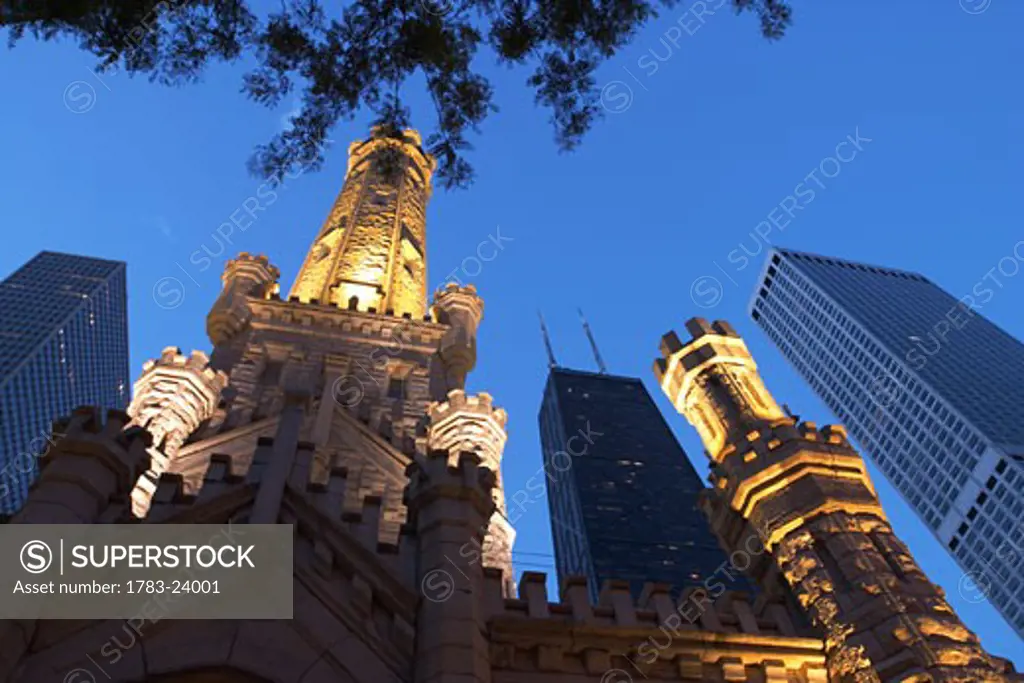 Water Tower building at dusk, low angle view, Chicago, Illinois, USA.