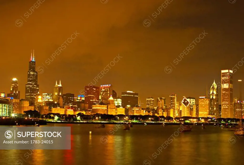 Chicago skyline at night, Illinois, USA.