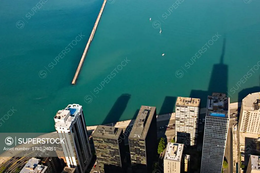 Waterfront skyscrapers, elevated view, Chicago, Illinois, USA.