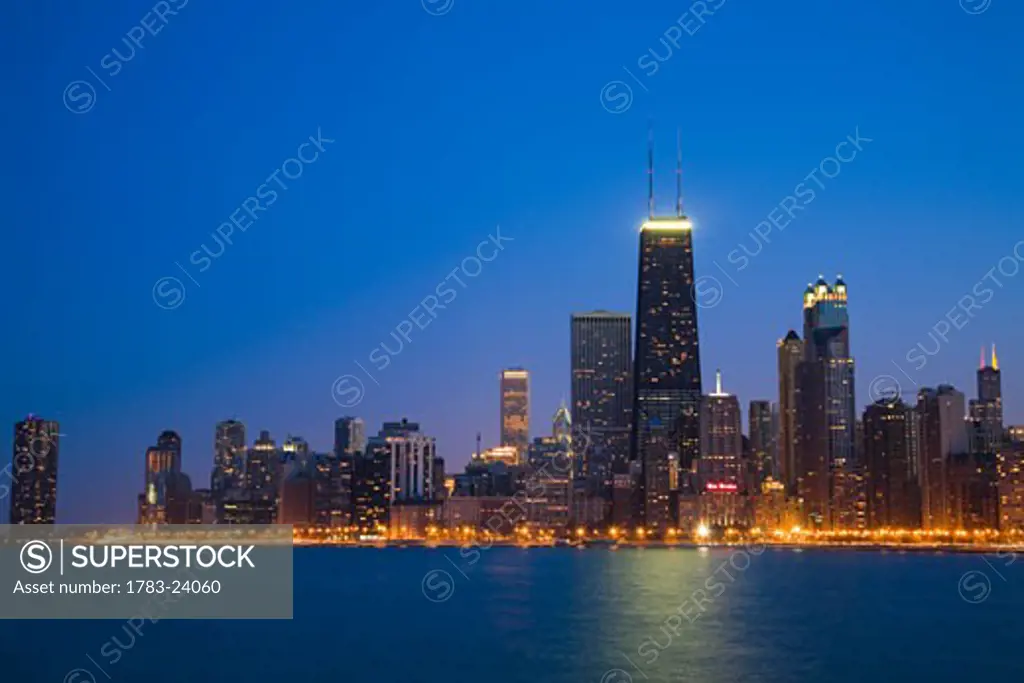 Chicago skyscrapers with John Hancock Center at night, Illinois, USA.