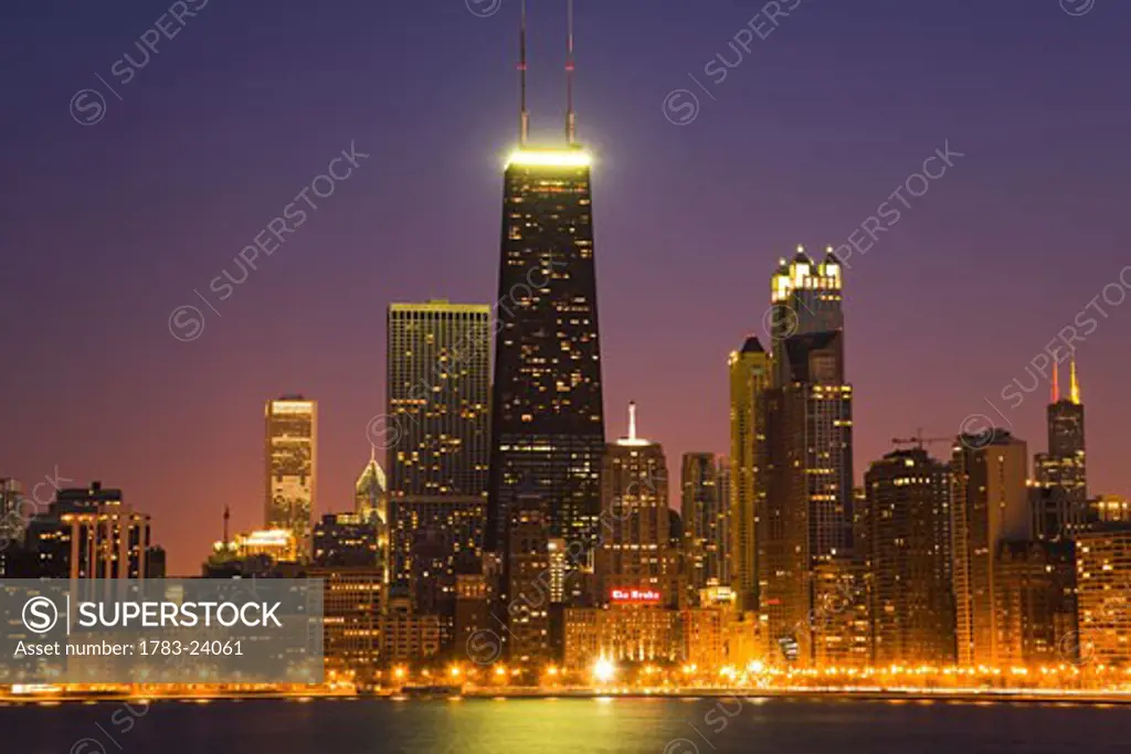 Chicago skyscrapers with John Hancock Center at night, Illinois, USA.