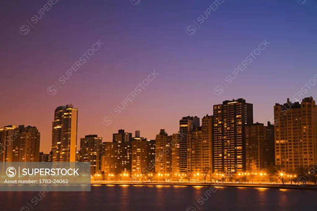 Chicago downtown skyline at night, Illinois, USA.
