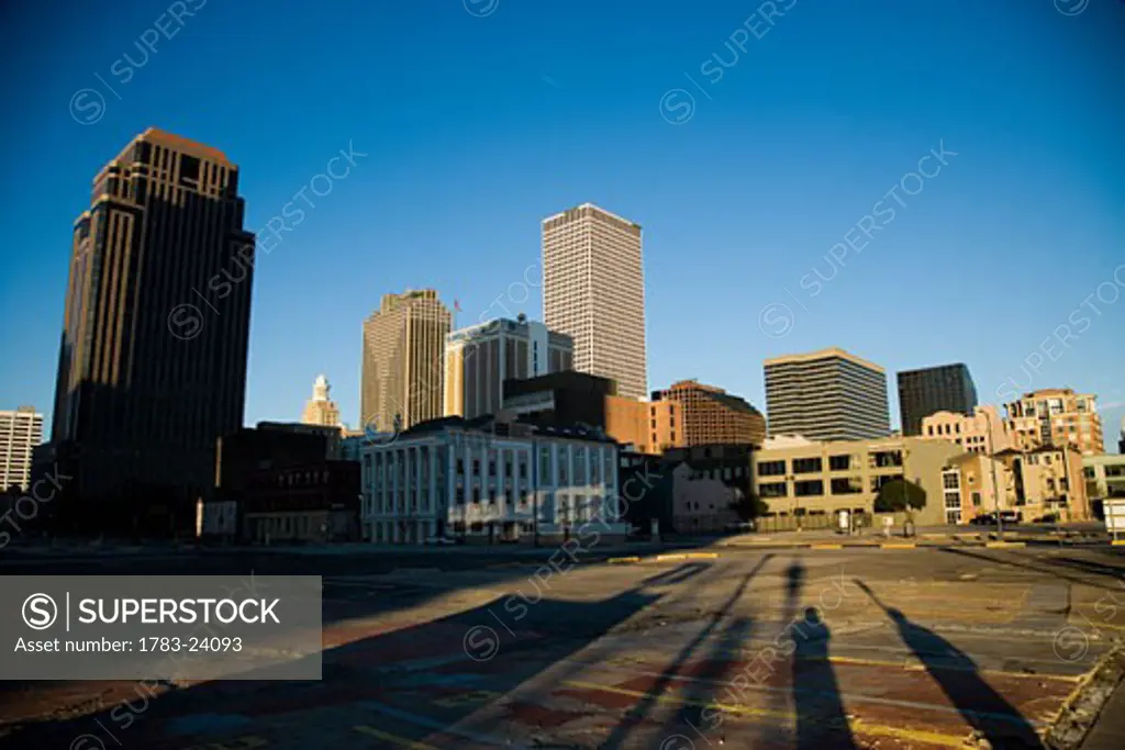 Deserted parking lot and New Orleans cityscape, New Orleans, Louisiana