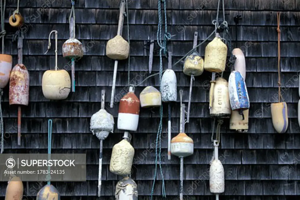 Floats hanging on wall, Massachusetts, USA.