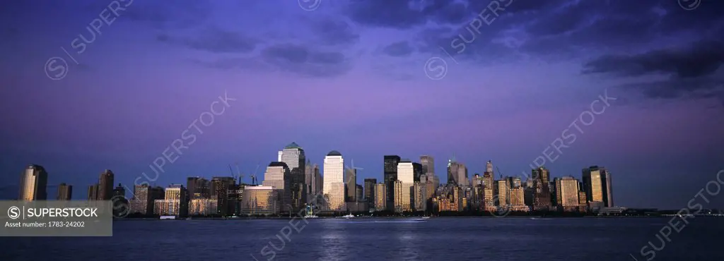 Lower Manhattan skyline at dusk, New York City, New York State, USA.