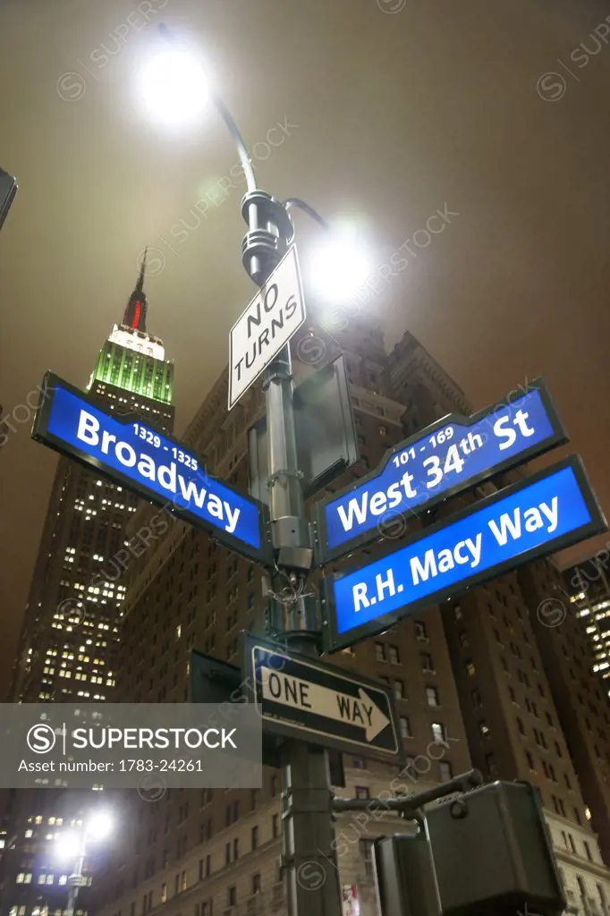 Street signs beneath Empire State Building in Midtown Manhattan, New York City, USA.