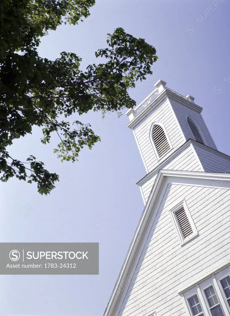 White wooden church and table, Shelter Island, Long Island, New York, United States