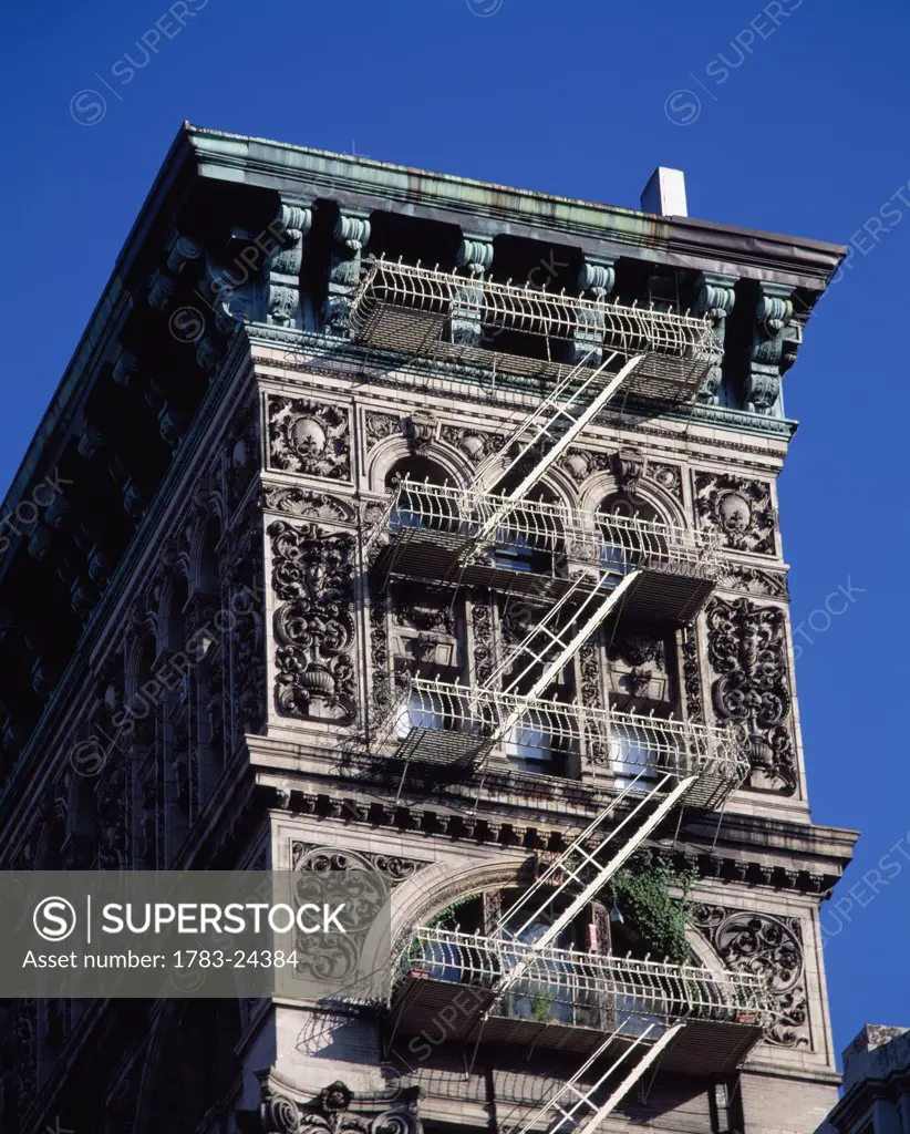 Low angle view of apartment building, New York City, USA.