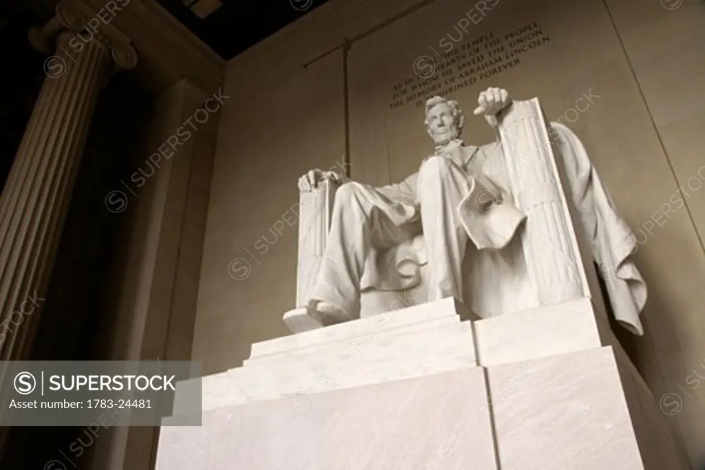 Monumental statue of Abraham Lincoln in the Lincoln Memorial, Washington DC, USA.