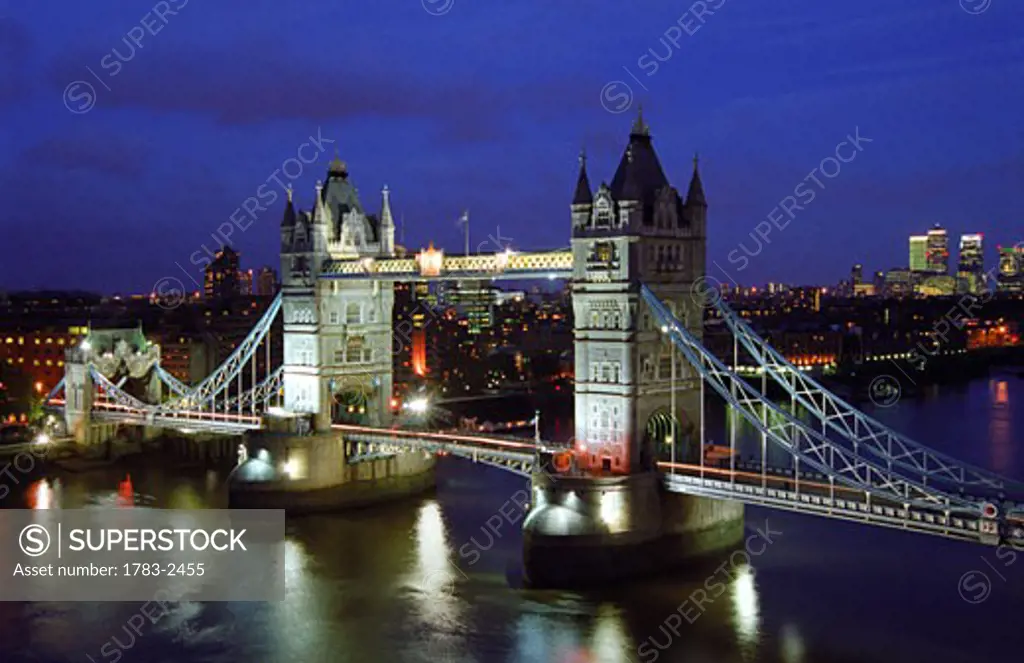 Cityscape, Tower Bridge and skyline, London, night, England.