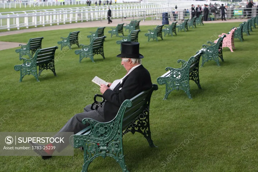 Man in a top hat and fashionable clothes sitting by the rails at new Grandstand Enclosure during Royal Ascot horse racing meeting. Berkshire. England.