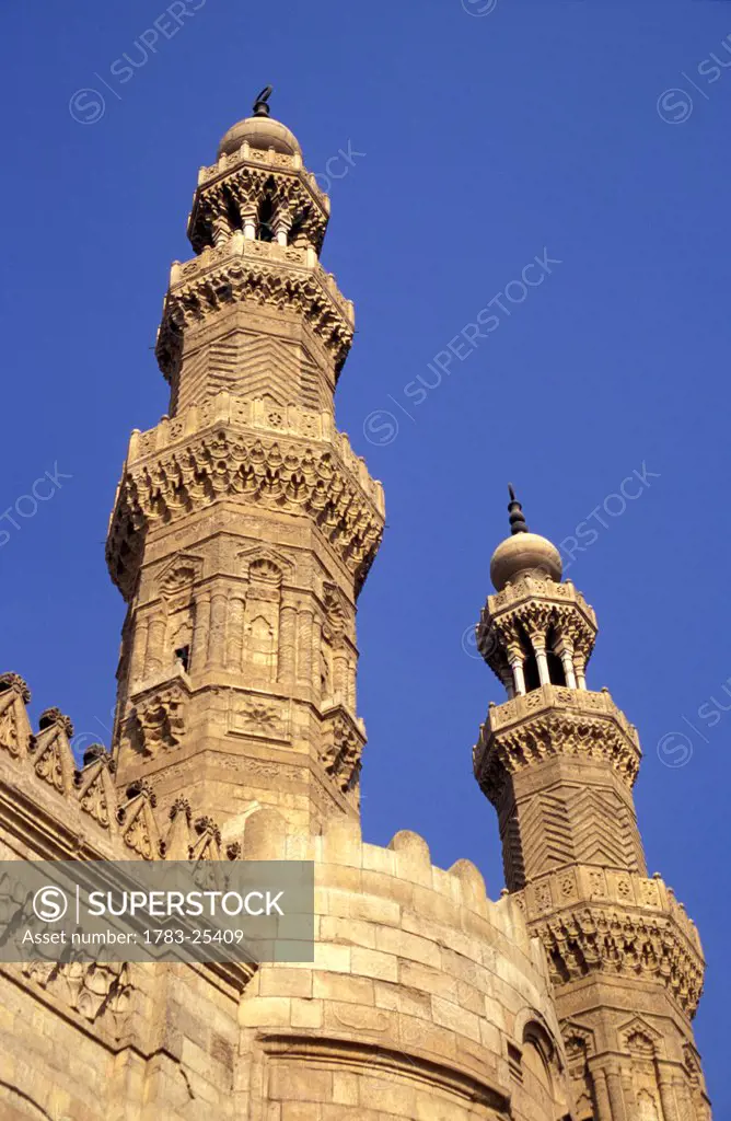 Low angle view of Minarets above Bab Zuwayla, Central Cairo, Cairo, Egypt