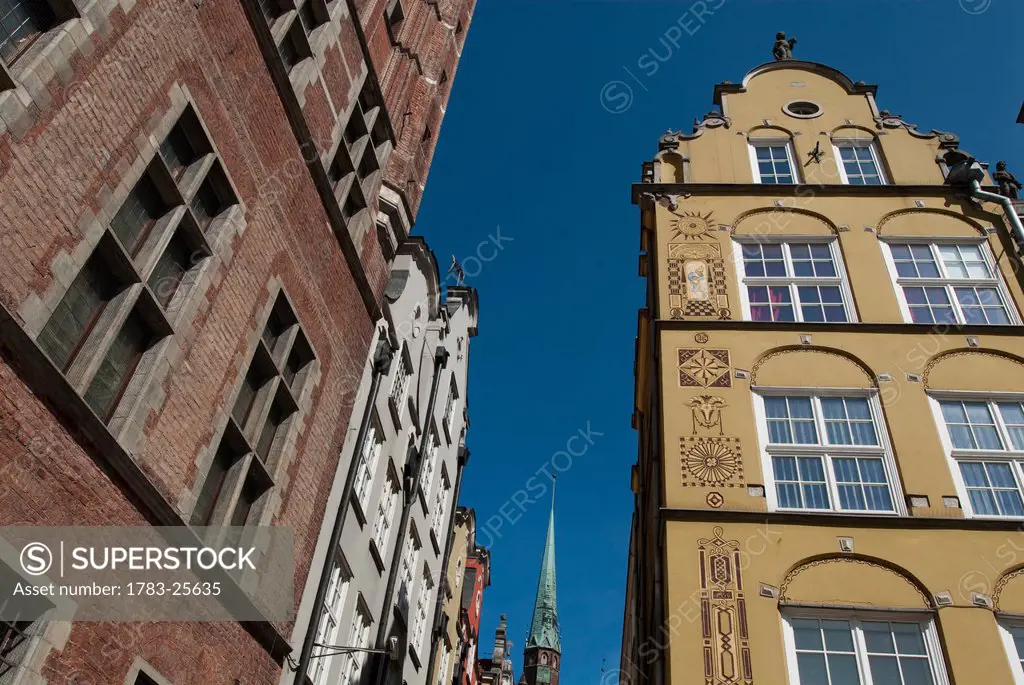 Low angle view of townhouses on Dluga Street, Gdansk, Poland