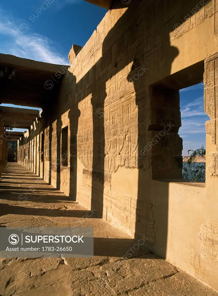 Wall of West Colonnade with reliefs, Temple of Isis, Philae Island, Egypt